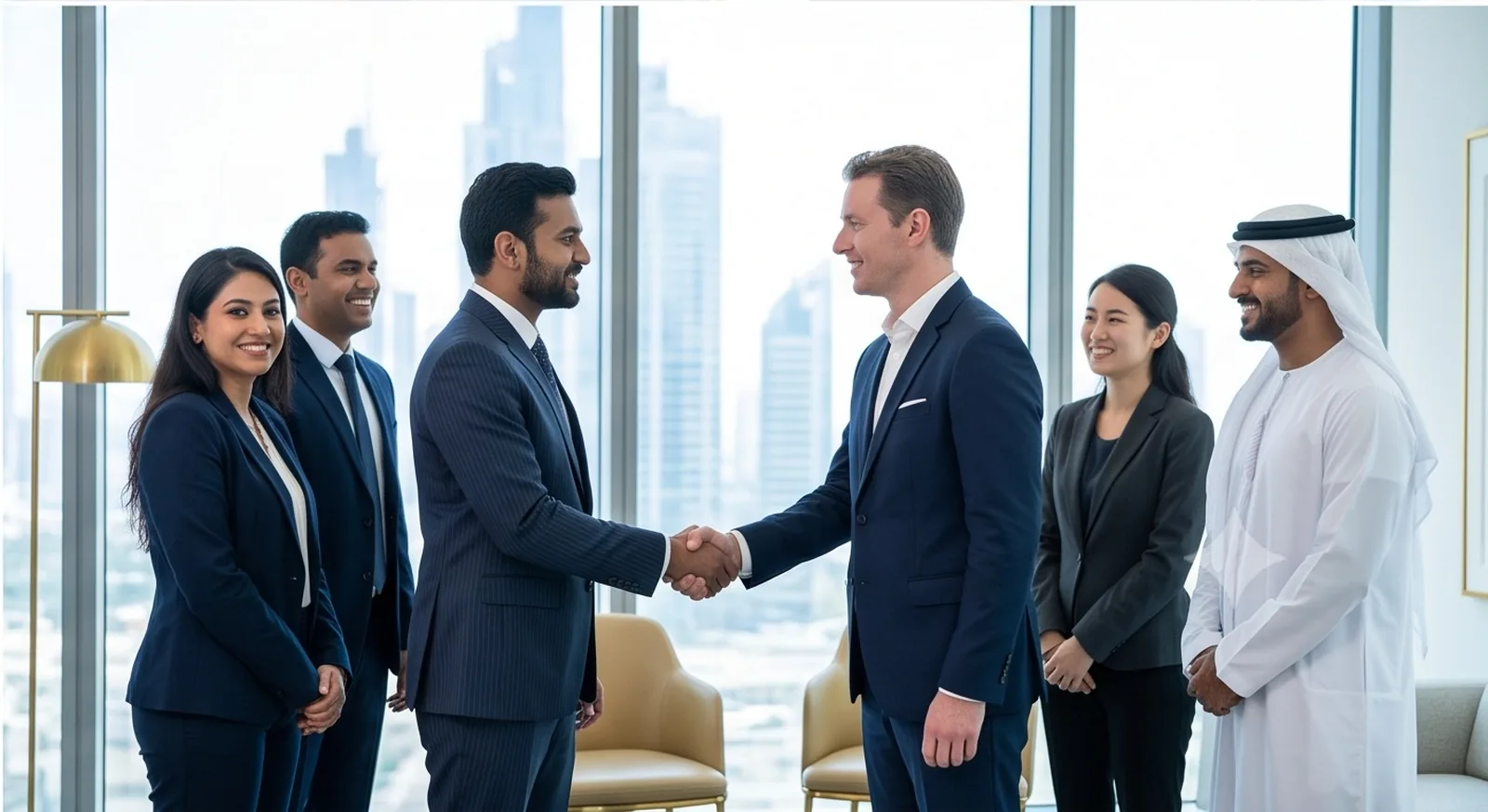 TradeInfra executives meeting international buyers in a high-rise office, shaking hands in front of the city skyline.