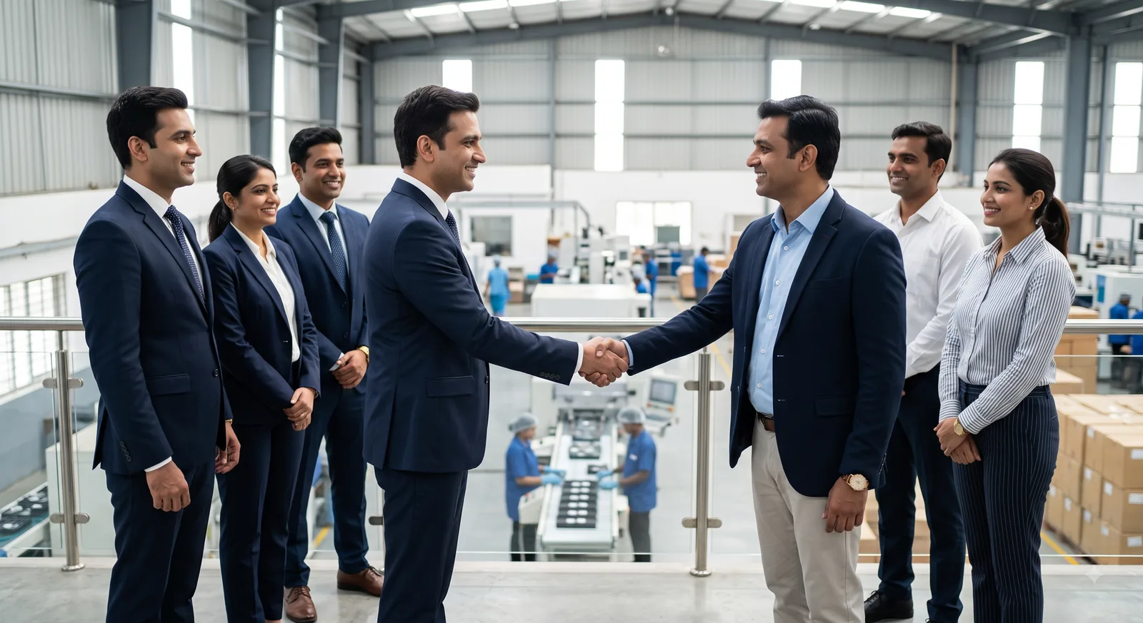TradeInfra executives meeting Indian manufacturers on a factory mezzanine, shaking hands above the production floor.